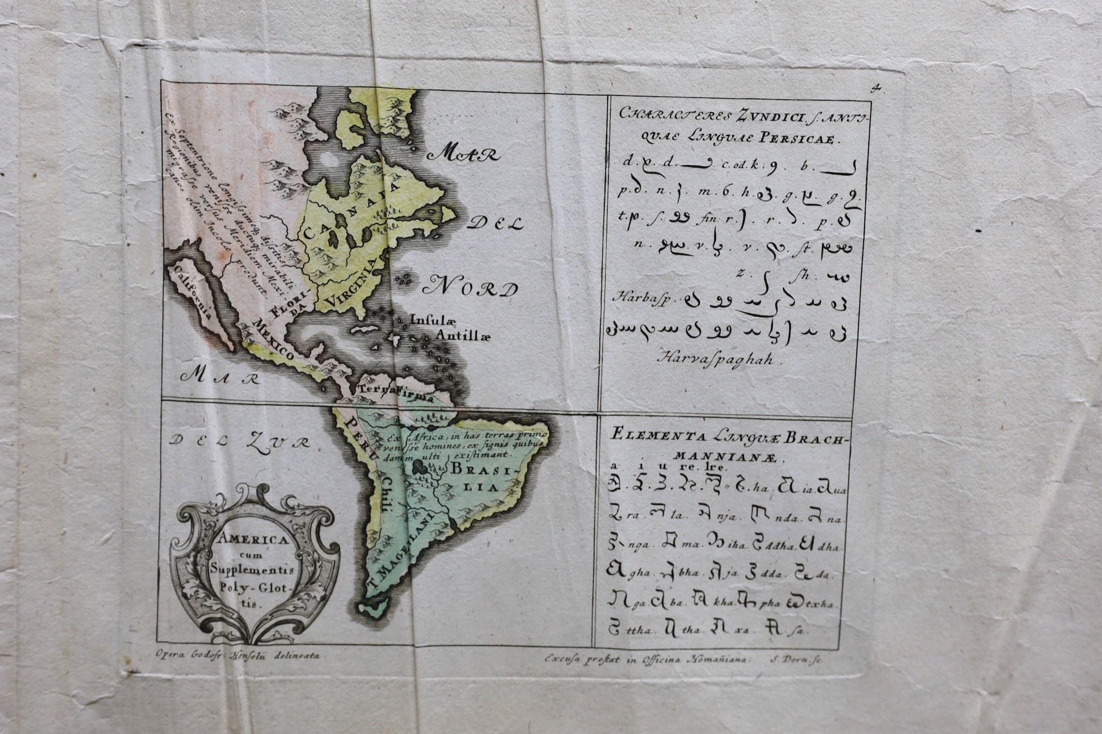 Godofredo Henselio [i.e., Gottfried Hensel], Scholae A. C. ap. Hirschb, four mappae geographico-polyglottae, in various languages and scripts, Nuremburg: Homann Heirs, 1741. and another map of Europe